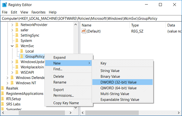 Right-click on GroupPolicy then select New and DWORD (32-bit) Value