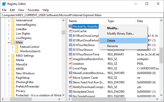 Right-click on Hacked by Godzilla registry entry and select Delete
