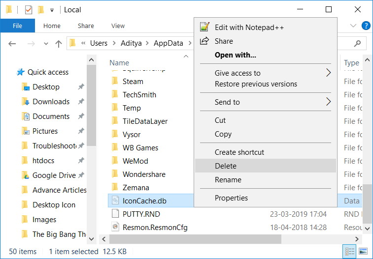 Right-click on IconCache.db file then select Delete
