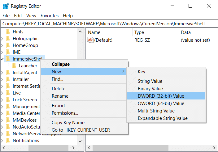 Right-click on ImmersiveShell and select New then DWORD 32-bit value