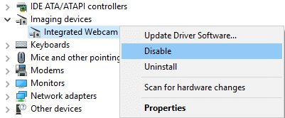 Right-click on Integrated Webcam and select Disable | Fix Webcam not working in Windows 10