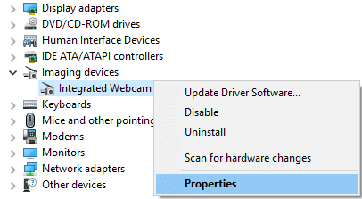 Right-click on Integrated Webcam and select Properties