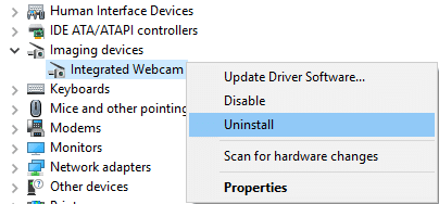 Right-click on Integrated Webcam and select Uninstall | Fix Webcam not working in Windows 10