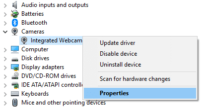 Right-click on Integrated Webcam under Cameras and select Properties