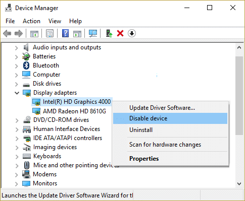 Right-click on Intel HD Graphics and select Disable
