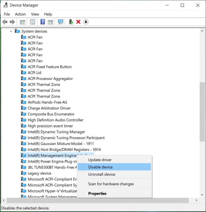 Right-click on Intel Management Engine Interface and select Disable