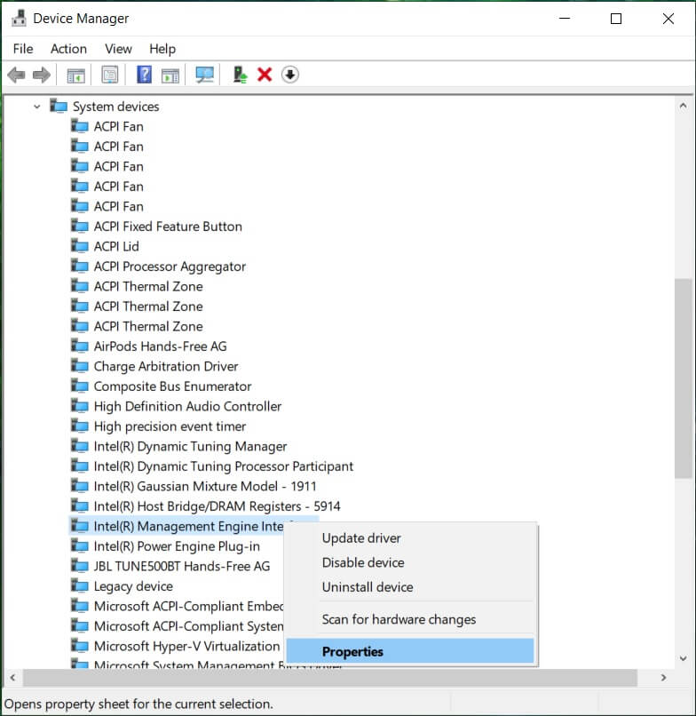 Right-click on Intel Management Engine Interface and select Properties | Fix Windows 10 will not shut down completely