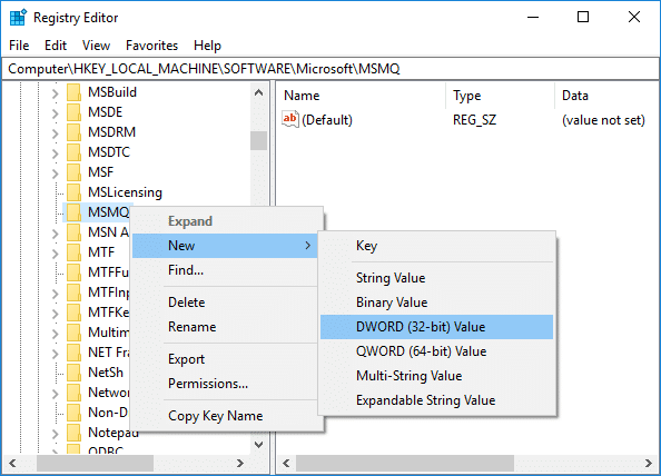 Right-click on MSMQ then select New DWORD (32-bit) Value