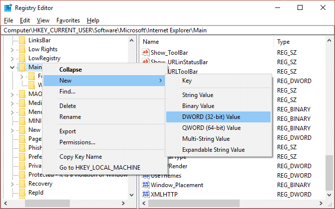 Right-click on Main then select New and click on DWORd (32-bit) value