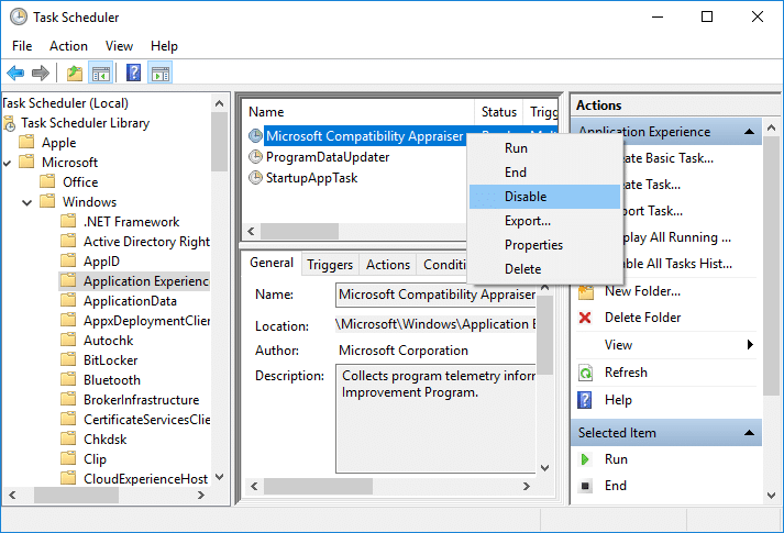 Right-click on Microsoft Compatibility Appraiser (CompatTelRunner.exe) & select Disable