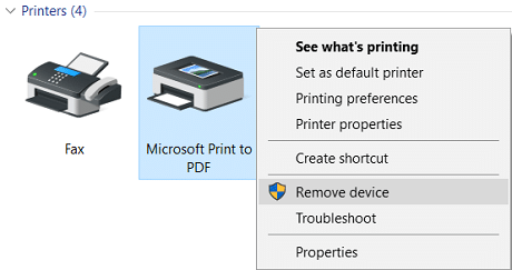 Right-click on Microsoft Print to PDF then select Remove device
