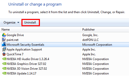 Щелкните правой кнопкой мыши Microsoft Security Essentials и выберите «Удалить».