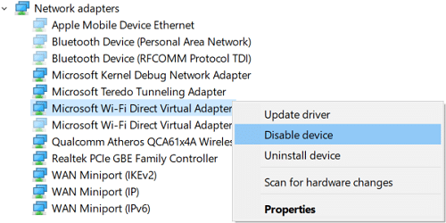 Right-click on Microsoft Wi-Fi Direct Virtual Adapter and select Disable