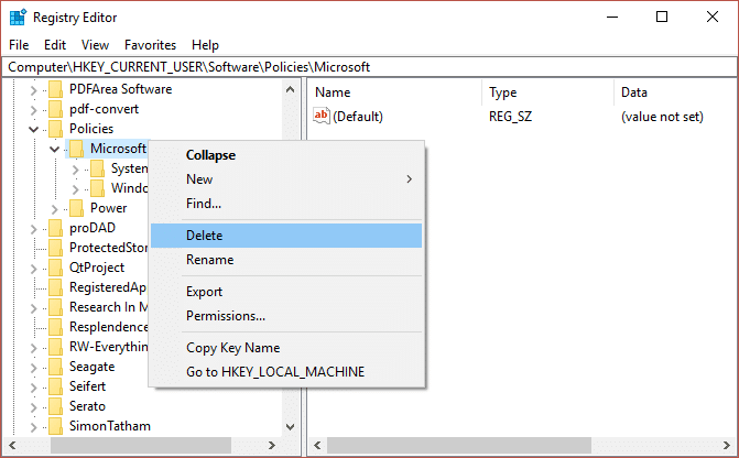 Щелкните правой кнопкой мыши Microsoft и выберите «Удалить», чтобы удалить групповую политику домена с компьютера.
