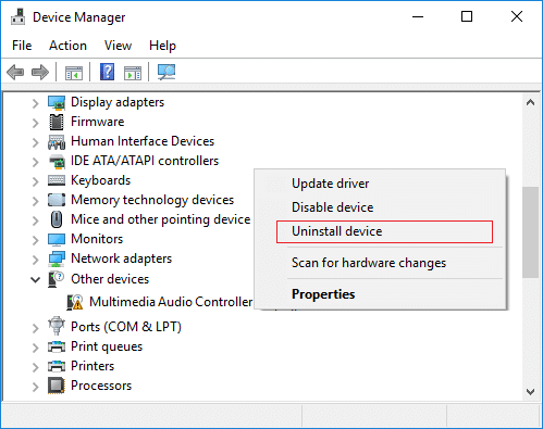 Right-click on Multimedia Audio Controller and select Uninstall