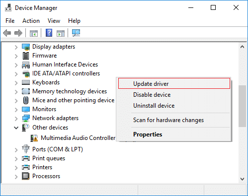 Right-click on Multimedia Audio Controller and select Update