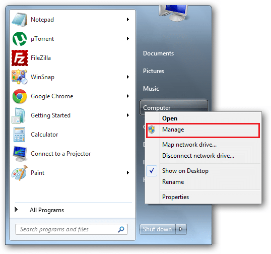 Right-click on My Computer then select Manage