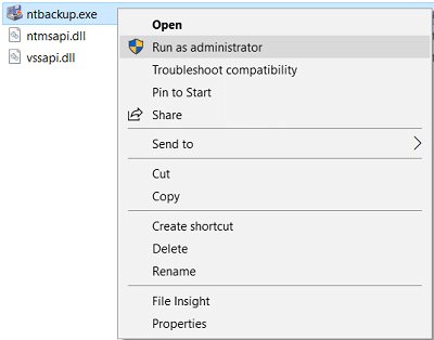 Щелкните правой кнопкой мыши NTBackup.exe и выберите «Запуск от имени администратора».