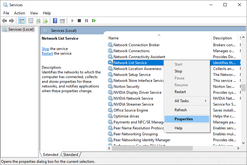 Right-click on Network List Service and select Properties | Fix Windows 10 Update Error 0x80070422