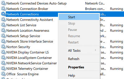 Right-click on Network Connections then select Start