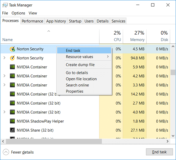 Right-click on Norton Security then select End Task in Task Manager
