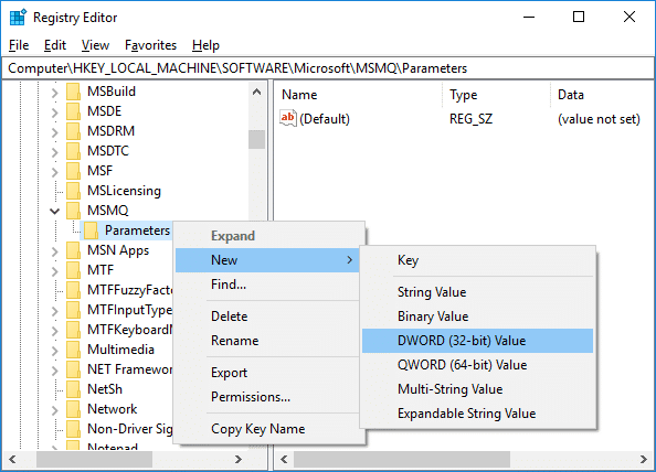 Right-click on Parameters & select New then DWORD (32-bit) Value