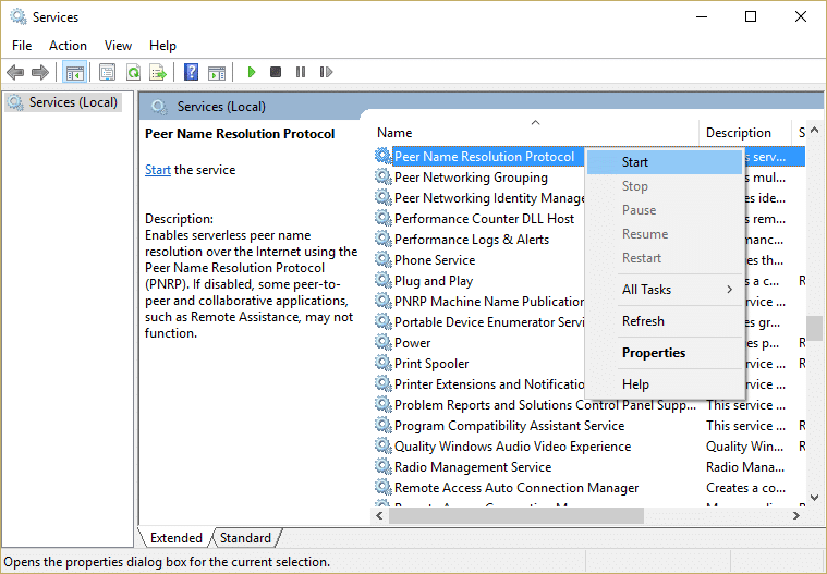 Right-click on Peer Name Resolution Protocol service and then select Start | Fix Cannot Create HomeGroup On Windows 10