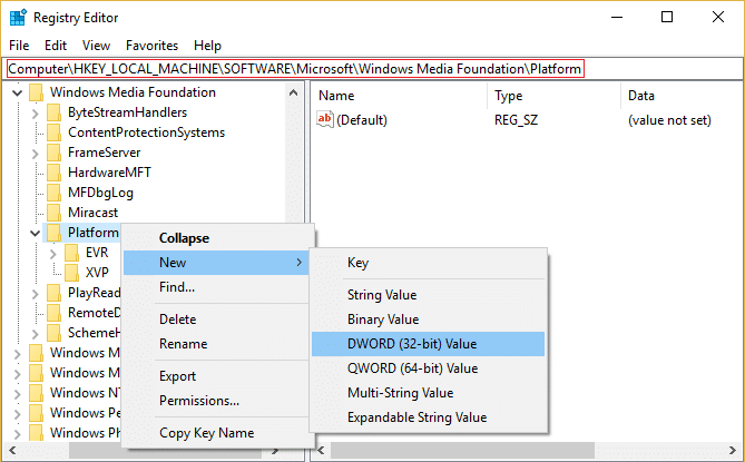 Right-click on Platform key then select New and then click on DWORD (32-bit) value