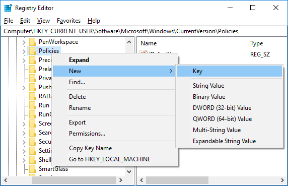 Right-click on Policies then click New & Key then name this key as Explorer