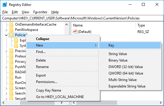 Right-click on Policies then select New and then Key