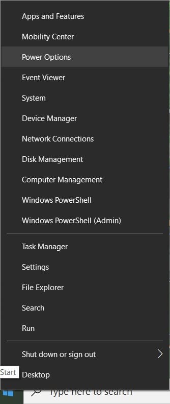 Right-click on Power icon on the system tray and select Power Options