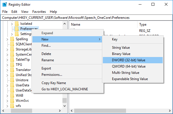 Right-click on Preferences then select New and DWORD (32-bit) Value