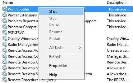 Right-click on Print Spooler service and select Start | Cancel or Delete a Stuck Print Job in Windows 10