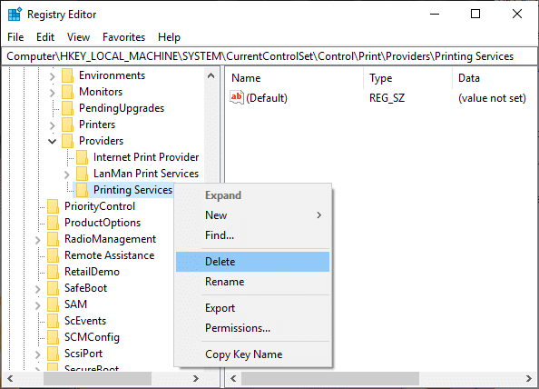 Right-click on Printing Services then select Delete