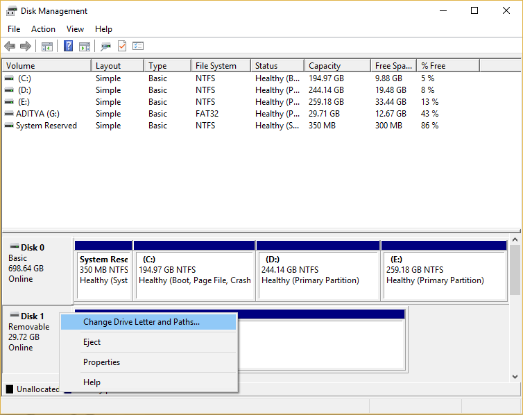 Right-click on Removable Disk (SD Card) and select Change Drive Letter and Paths
