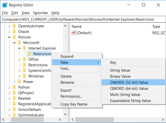 Right-click on Restriction then select New then DWORD (32-Bit) Value
