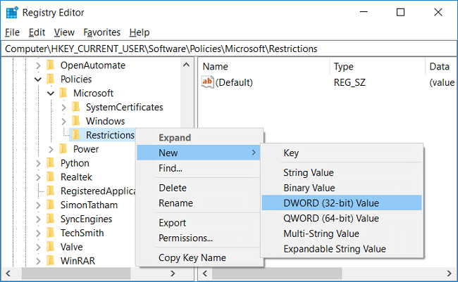 Right-click on Restrictions then select New and DWORD (32-bit) Value