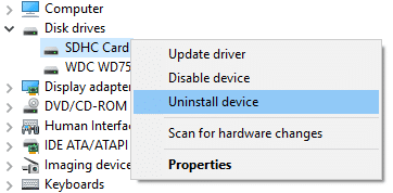 Right-click on Sd card under Disk drive then select Uninstall device
