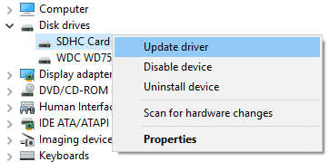 Right-click on Sd card under Disk drive then select Update driver