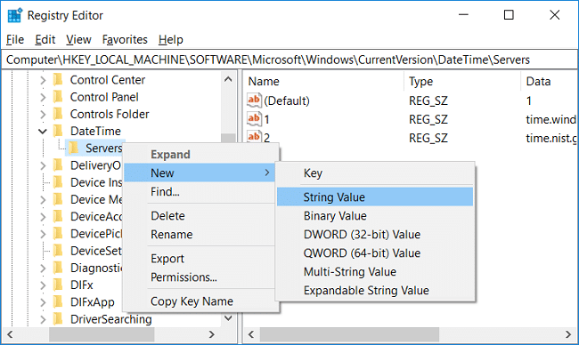 Right-click on Servers then select New and click String value