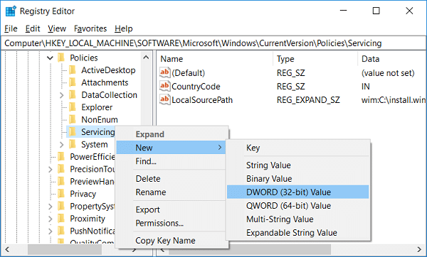 Right click on Servicing key and then select New and DWORD (32-bit) Value