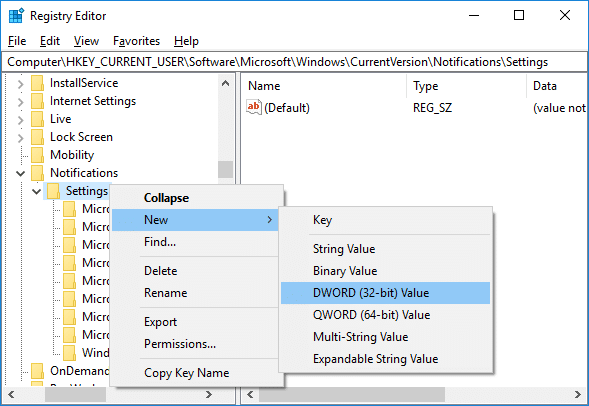 Right-click on Settings then select New DWORD (32-bit) Value