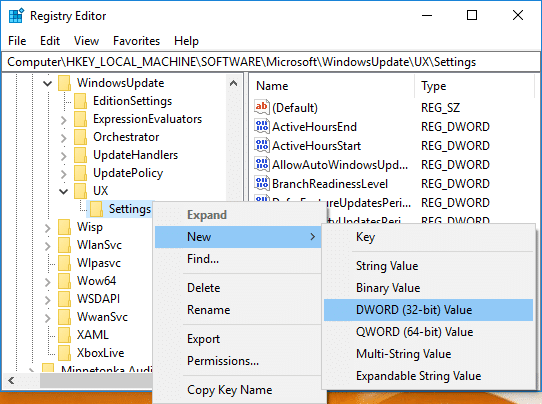 Right-click on Settings under UX then select New and DWORD (32-bit) Value