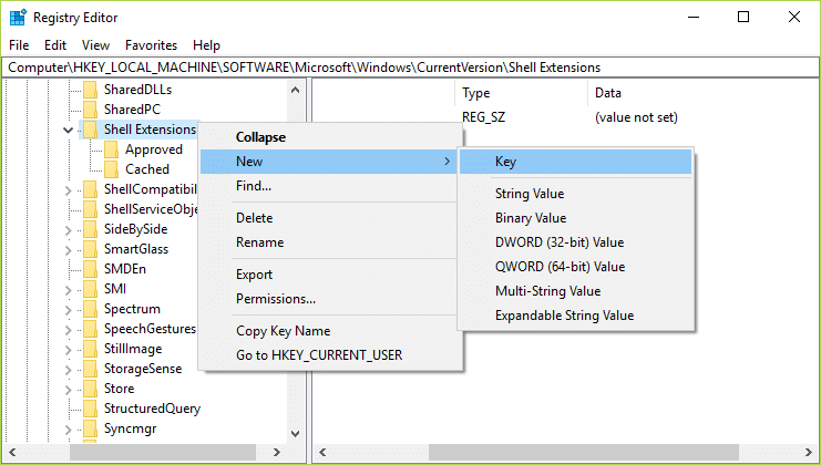 Right-click on Shell Extensions then select New and then click on Key | Remove Cast to Device Option from Context Menu in Windows 10