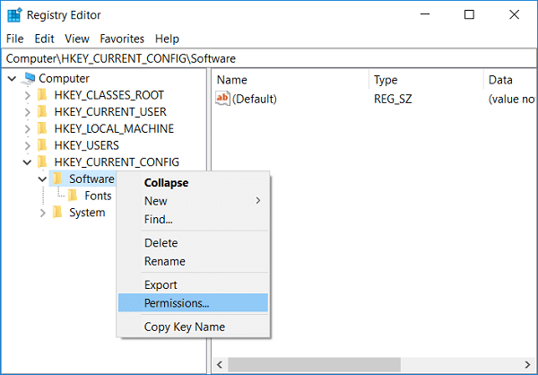Right-click on Software folder under HKEY_CURRENT_CONFIG then select Permissions