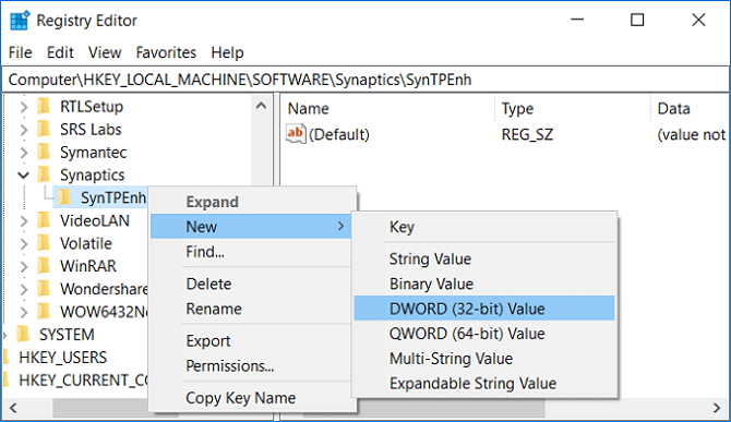 Kliknite pravým tlačidlom myši na SynTPEnh, vyberte Nový a potom kliknite na hodnotu DWORD (32-bit).