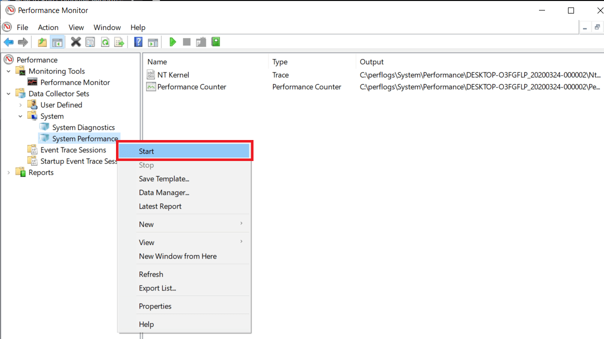 Right-click on System Performance and select Start
