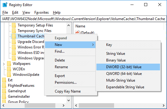 Right-click on Thumbnail Cache then select New and click on DWORD then name it Autorun