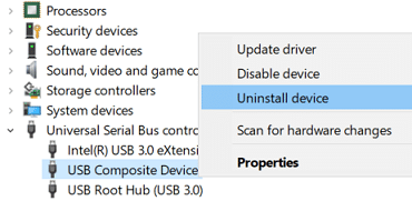 Right-click on USB Composite Device and select Uninstall
