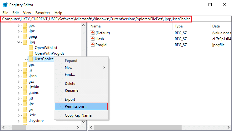 Right-click on UserChoice folder in .jpg registry key
